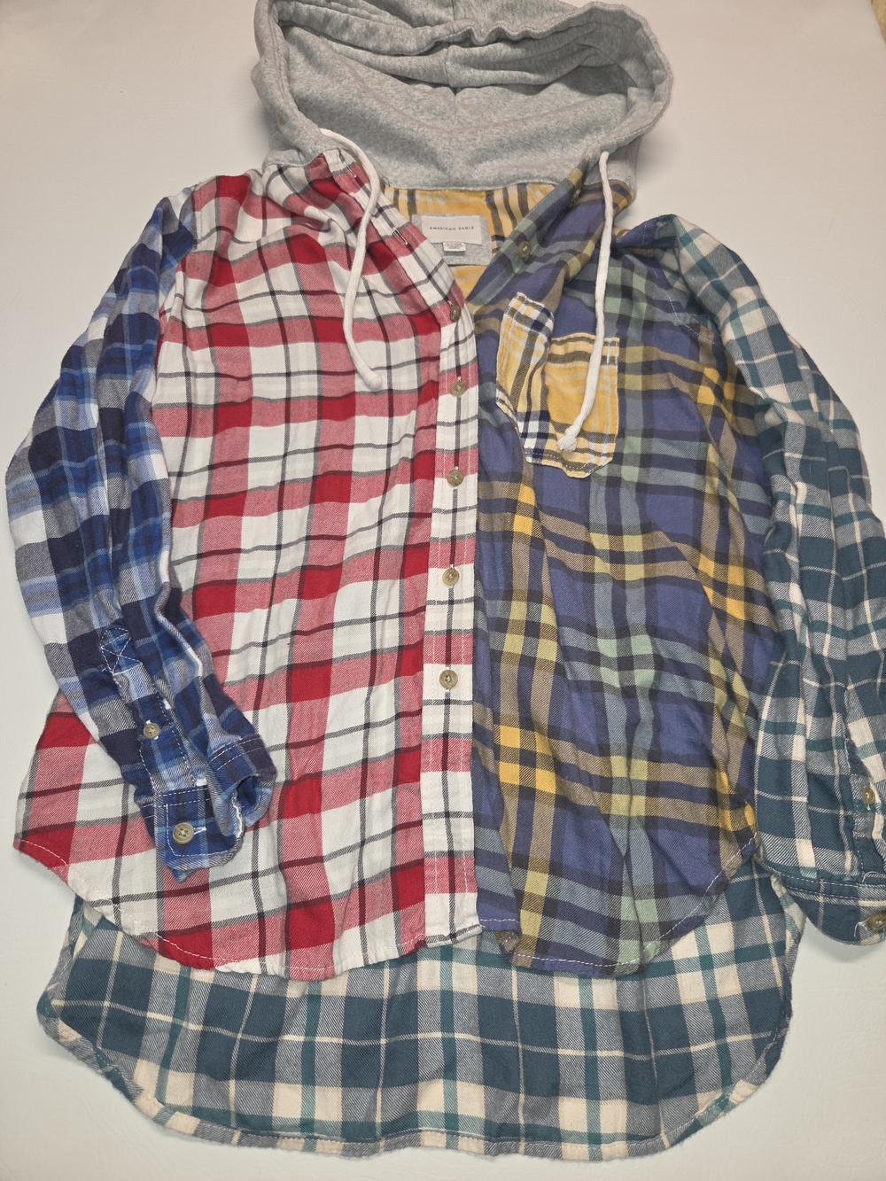 American Eagle Patchwork Hooded Flannel Shirt Womens XS Over Sized